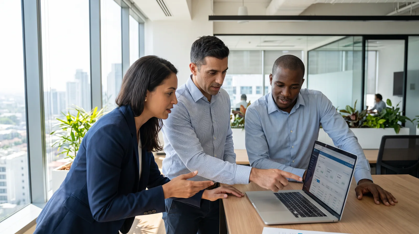 Technology venture team collaborating around a laptop